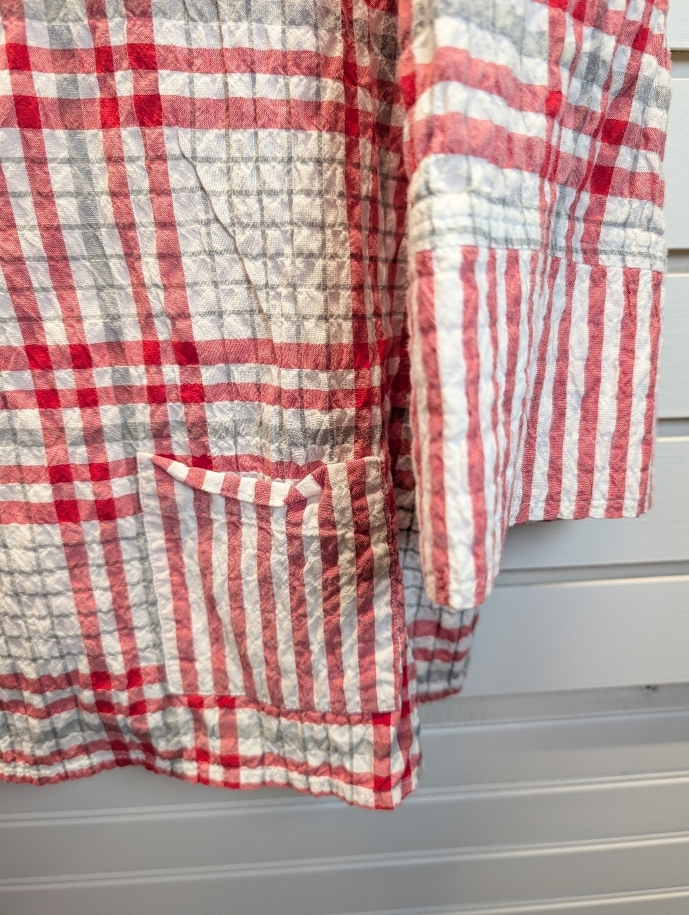 Habitat Red/Gray Plaid Crinkle Button-Up Tunic Size Large Lagenlook EUC - Picture 3 of 9